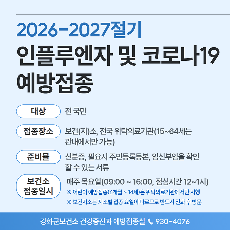 강화군이 15~64세 군민을 대상으로 시작하는 인플루엔자 무료 예방접종 관련 사진