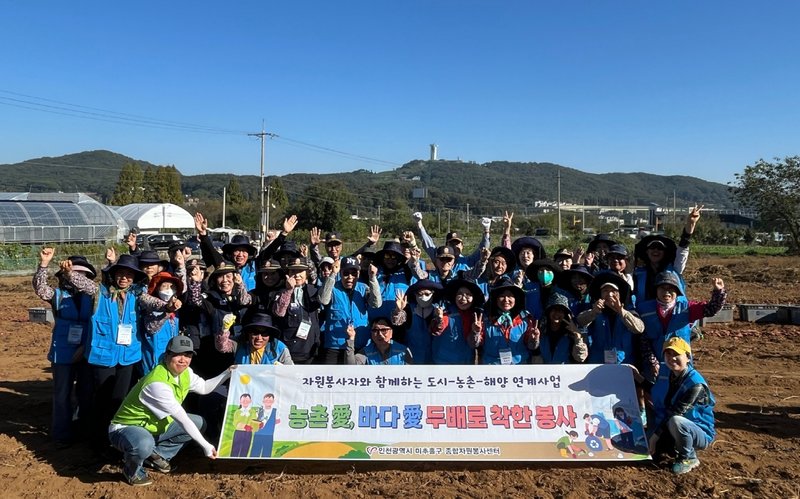 자원봉사자들이 영종도 농가에서 고구마 수확과 밭 정리를 돕고 있다. 미추홀구 제공