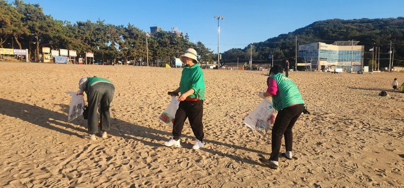 용유동 새마을부녀회 회원들이 을왕리해변 주변을 정비하고 있다.